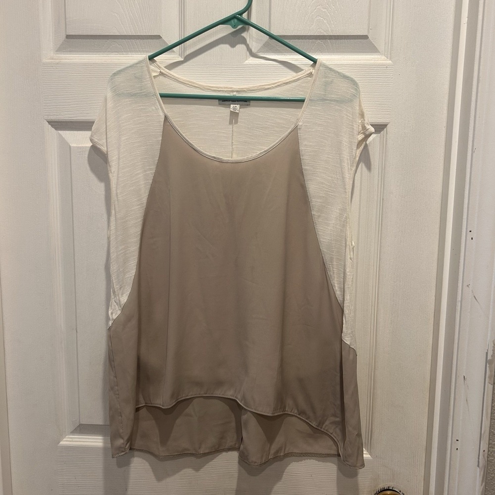 American Eagle Outfitters Women‎ L Colorblock Mixed Media High-Low Top Cream Tan